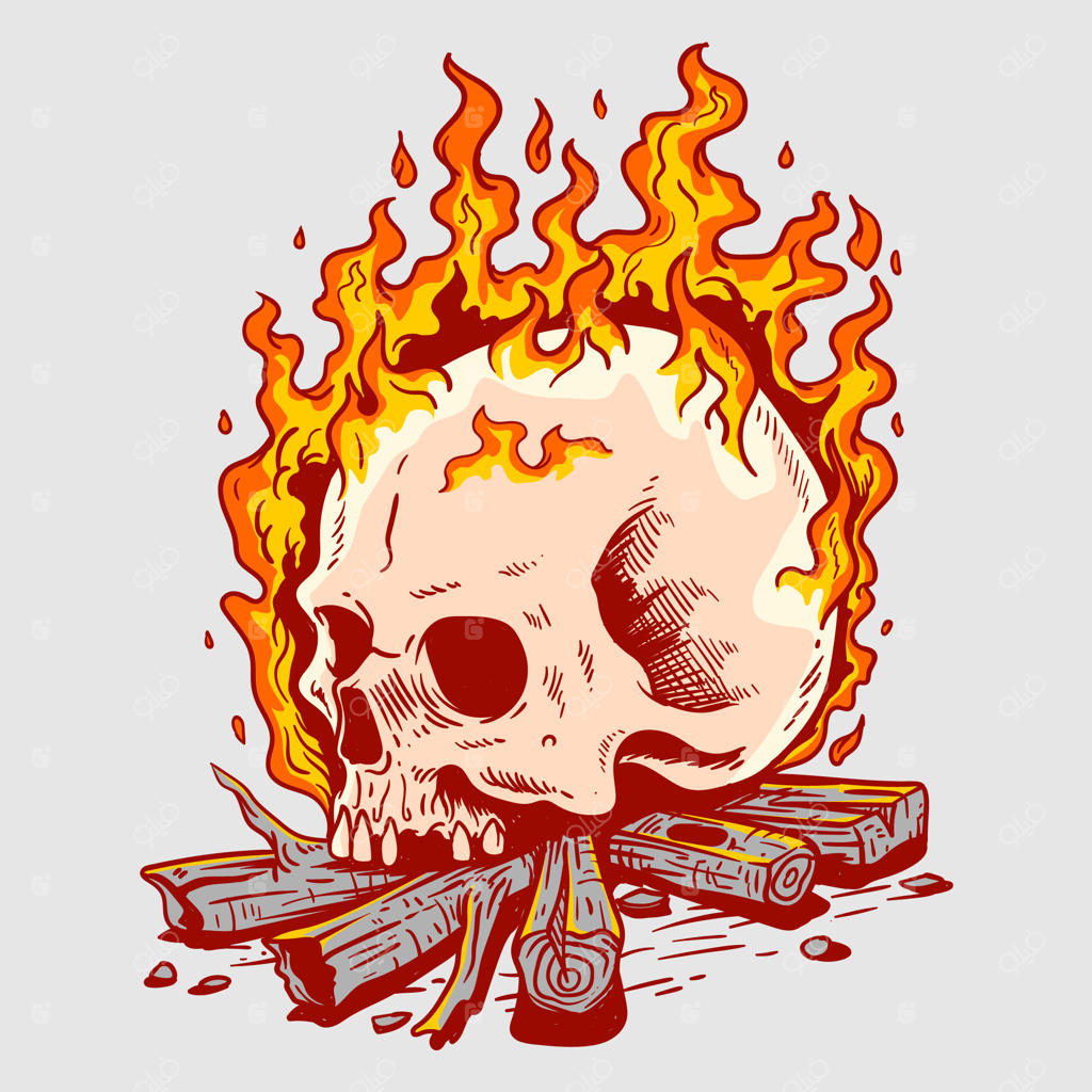 جمجمه دستی که با هیزم در آتش می‌سوزد، طراحی شده با دست