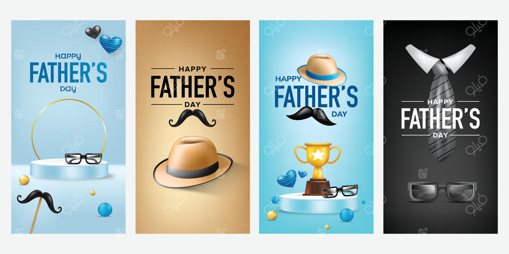 ست کارت تبریک روز پدر با کلاه، سبیل، عینک و تندیس در تم رنگی آبی و قهوه‌ای مینیمال برای پوسترهای جشن و پس‌زمینه شبکه‌های اجتماعی