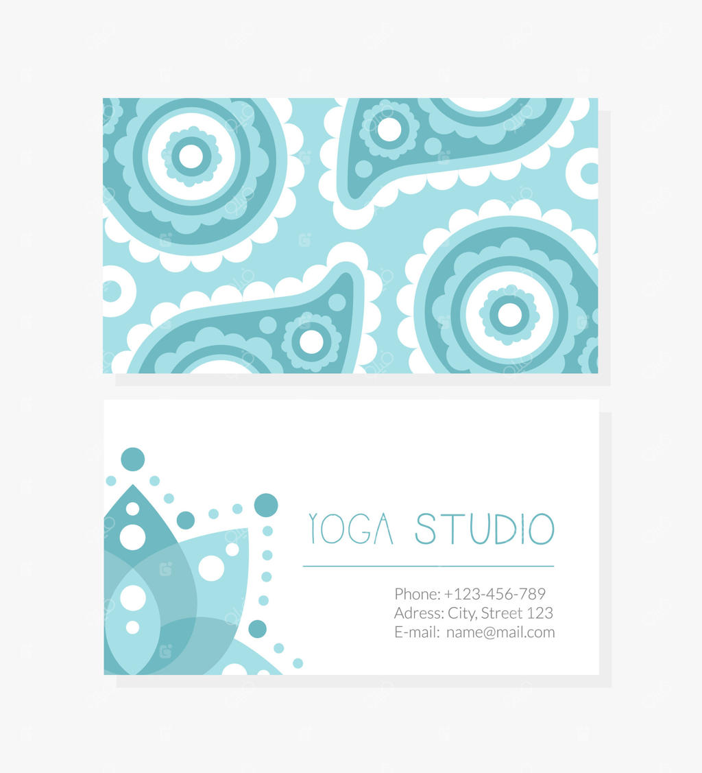 طراحی قالب کارت ویزیت استودیوی یوگا با طرح رویی و پشتی، طب سنتی، مدیتیشن و تمرینات معنوی با تصویرسازی دستی
