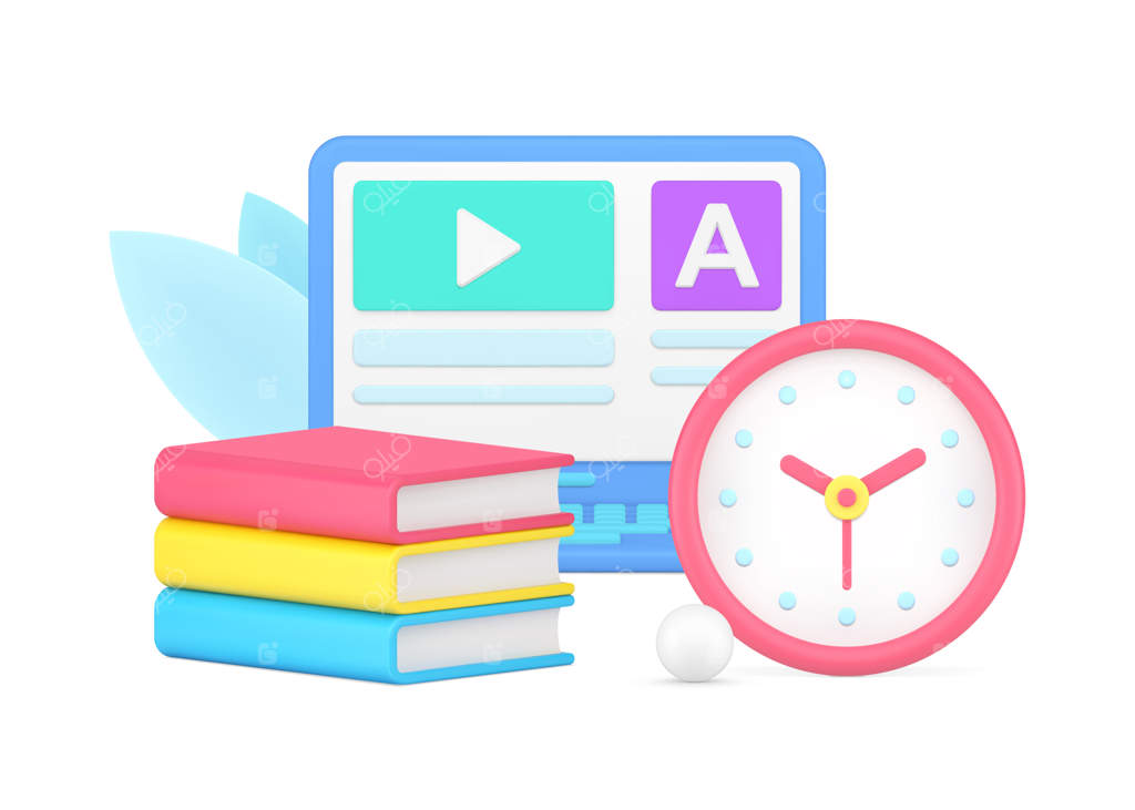 آموزش آنلاین با رابط کاربری ویدئویی روی لپ‌تاپ و آیکون سه‌بعدی کتاب‌های درسی