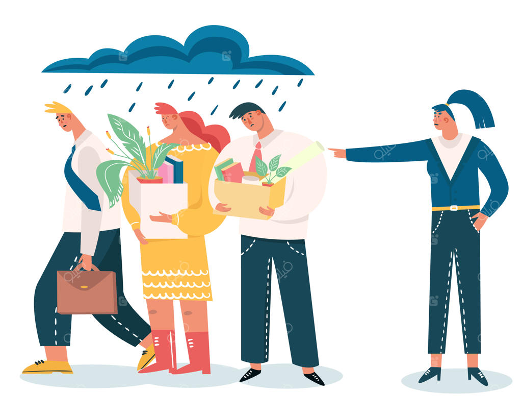 اخراج کارمندان توسط رئیس؛ مفهوم برکناری، بیکاری و بحران شغلی. کارمندان غمگین با جعبه وسایل پس از از دست دادن شغل؛ اخراج نیروها به دلیل عملکرد ضعیف در آخرین روز کاری.