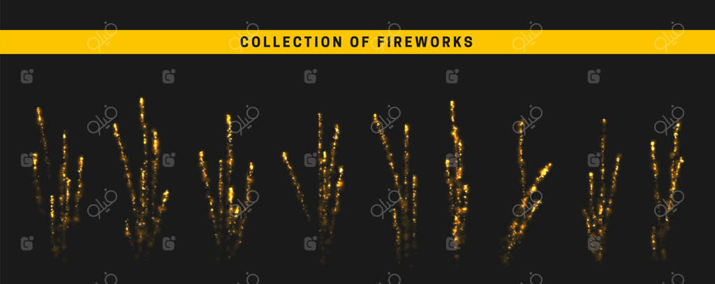 آتش‌بازی طلایی جشن را برپا کنید. افکت نور طلایی بر روی پس‌زمینه سیاه. طراحی واقع‌گرایانه. تصویر وکتور