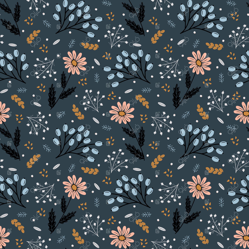 گل‌های باغچه، گیاهان، طرح‌های گیاهی یکپارچه برای مد، پارچه، کاغذ دیواری و انواع چاپ‌ها بر روی زمینه آبی. پترن جذاب با گل‌های کوچک. گل‌های رنگارنگ و کوچک.