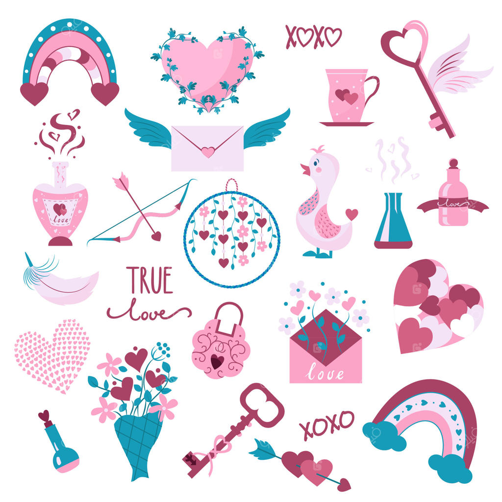 مجموعه‌ای از نمادهای روز ولنتاین بر روی پس‌زمینه سفید. آیکون‌های ولنتاین در رنگ‌های صورتی. نمادهای عشق: قلب، پیکان، کارت ولنتاین، هدیه، گل، کلید، قفل، پیام، رنگین‌کمان، معجون و پرنده.
