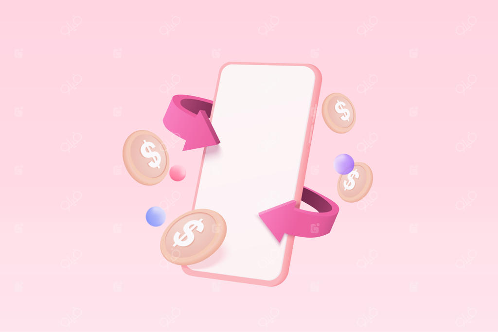 سیستم انتقال پول سه بعدی: مفهوم پرداخت آنلاین، بسته‌های نقدی و سکه‌های شناور در انتقال پول با گوشی موبایل و جامعه بدون نقدینگی همراه با تصویرسازی وکتور سه‌بعدی