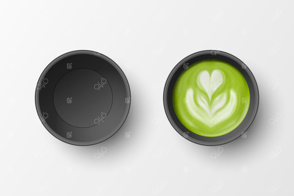 مجموعه‌ای از لیوان‌های سیاه یکبار مصرف کاغذی سه‌بعدی - طرح نمای بالا با فوم چای ماچا سبز و پترن قلب گل.