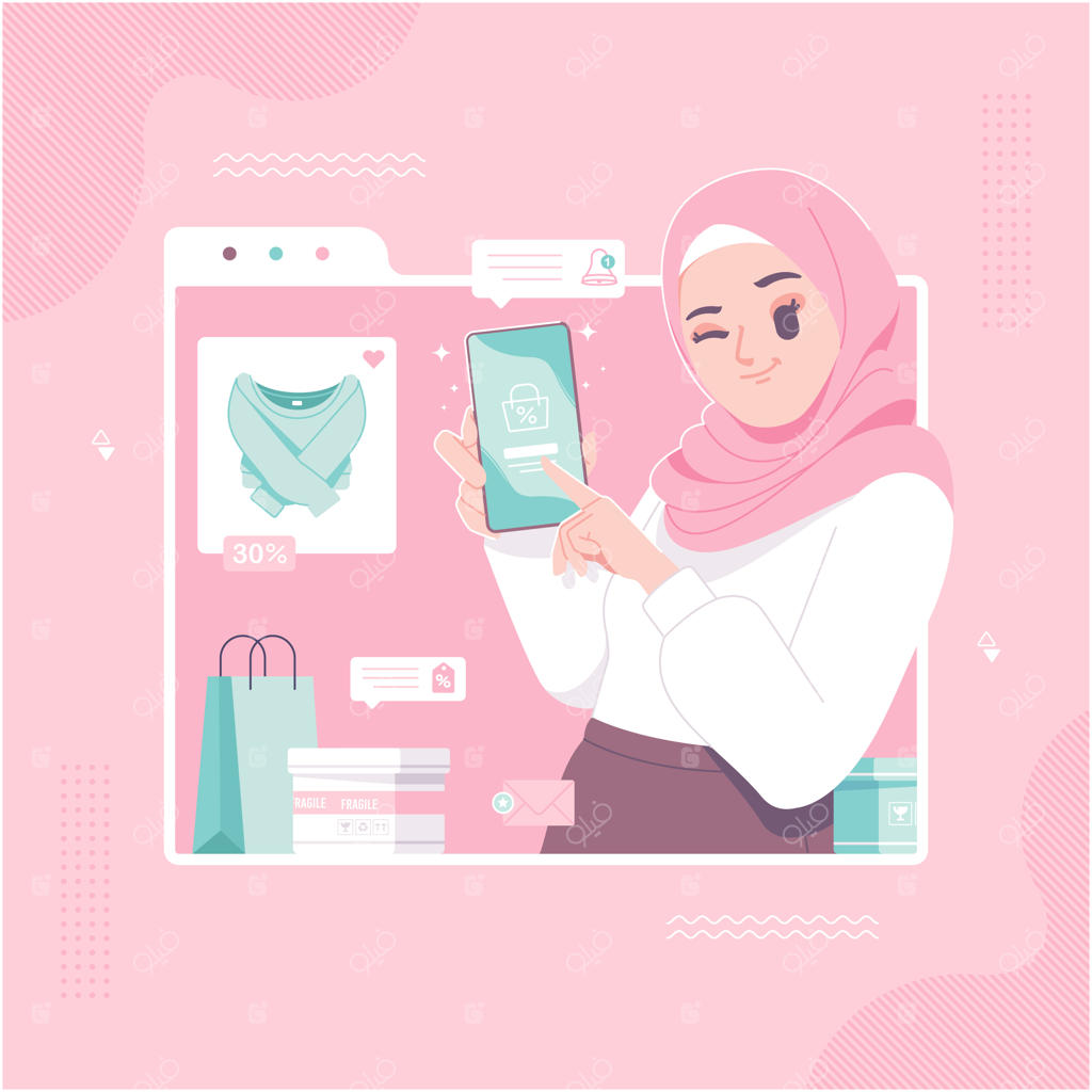 مفهوم فروشگاه آنلاین: تصویرسازی دختر با حجاب اسلامی