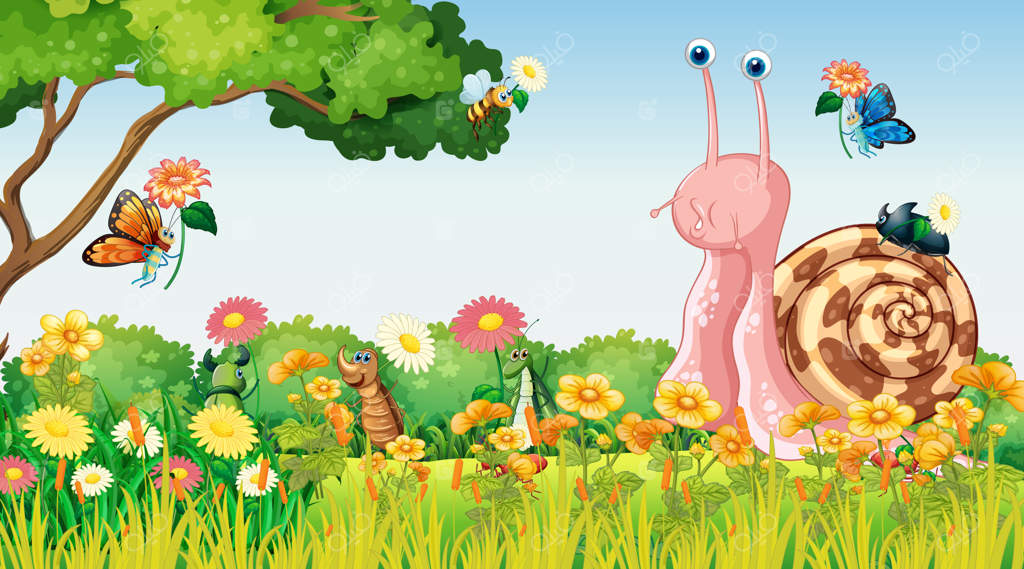 صحنه‌ای از طبیعت با حشرات کارتونی