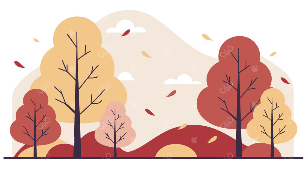 منظره پاییزی با درختان و برگ‌ها