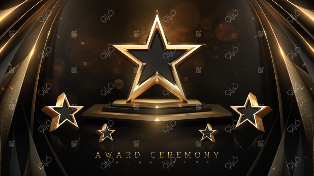 پس‌زمینه‌ی مراسم اهدای جوایز با ستاره طلایی سه‌بعدی و عنصر روبان به همراه تزئینات نورانی و درخشان.