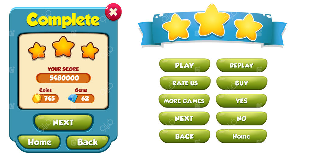 منوی اتمام مرحله با امتیاز ستاره‌ها و دکمه‌ها نمایش داده شد.