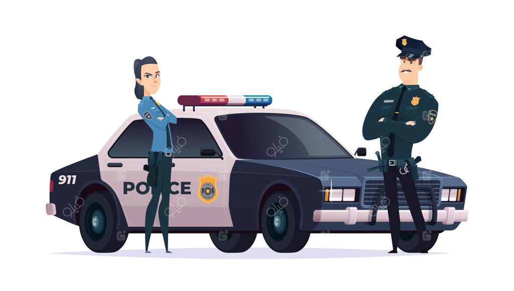 تیم ماموران پلیس کارتونی: مرد و زن. شخصیت‌های افسران امنیت عمومی با ماشین پلیس بر روی زمینه سفید. نگهبانان قانون و نظم