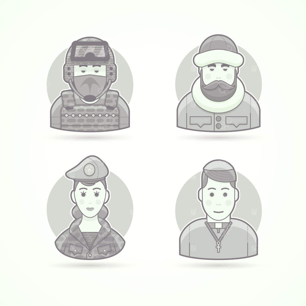 نیروهای ویژه، کاوشگر قطبی، سرباز زن، کشیش. مجموعه‌ای از شخصیت‌ها، آواتارها و تصاویر افراد. سبک خطی سیاه و سفید.