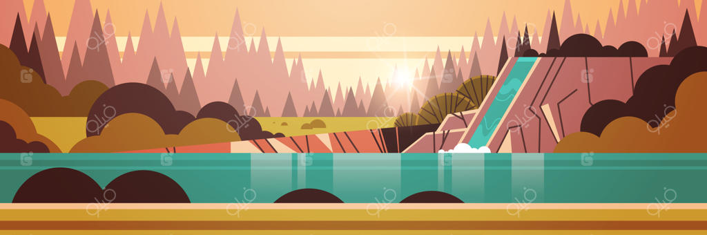 آبشار زیبا بر فراز صخره‌های سنگی در منظره پاییزی جنگل هنگام غروب خورشید