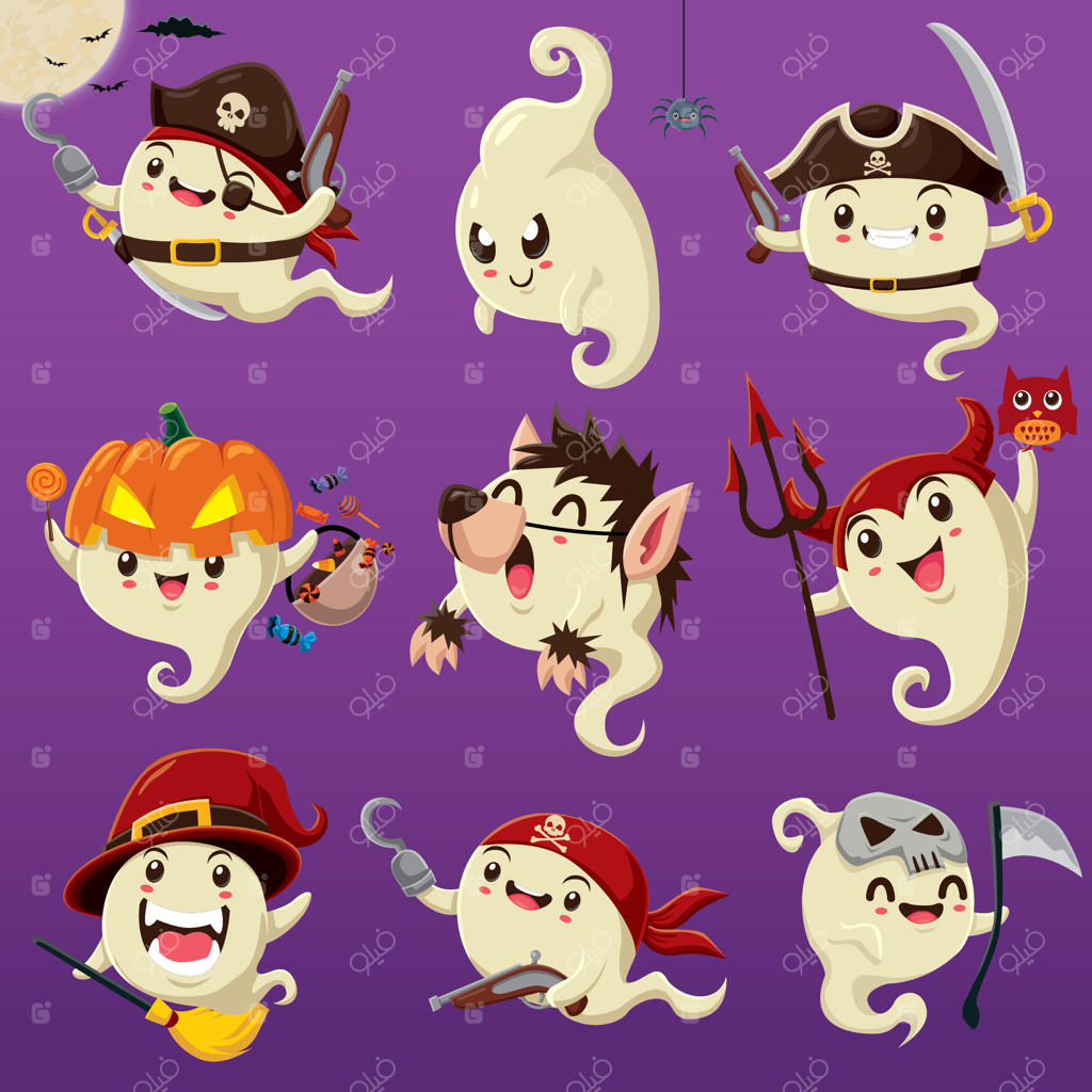 طراحی پوستر هالووین قدیمی با شخصیت‌های روح دزد دریایی، جادوگر، گرگینه، مرگ و شیطان به صورت وکتور.