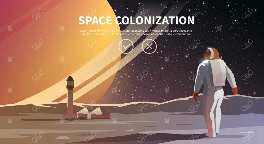 تصویرسازی با موضوع: نجوم، پرواز فضایی، اکتشافات فضایی، استعمار فضا، فناوری فضایی. بنر وب. استعمار فضا