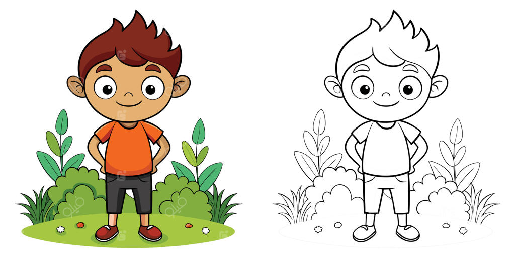 صفحه رنگ‌آمیزی کارتونی کودک شاد در باغ برای کودکان