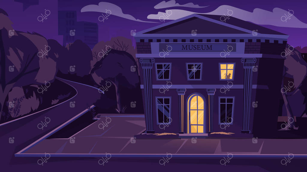 طرح مفهومی نمای بیرونی موزه در شب با طراحی کارتونی. ساختمان موزه در خیابان شبانگاهی با نور در ورودی و پنجره. منظره شهر با مؤسسه شهری. تصویرسازی وکتور پس‌زمینه