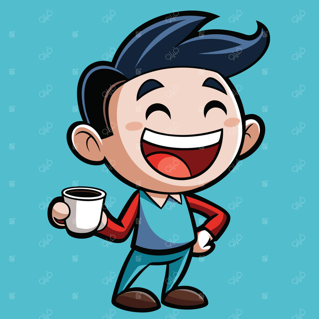 مرد کارتونی با فنجان قهوه و لبخند