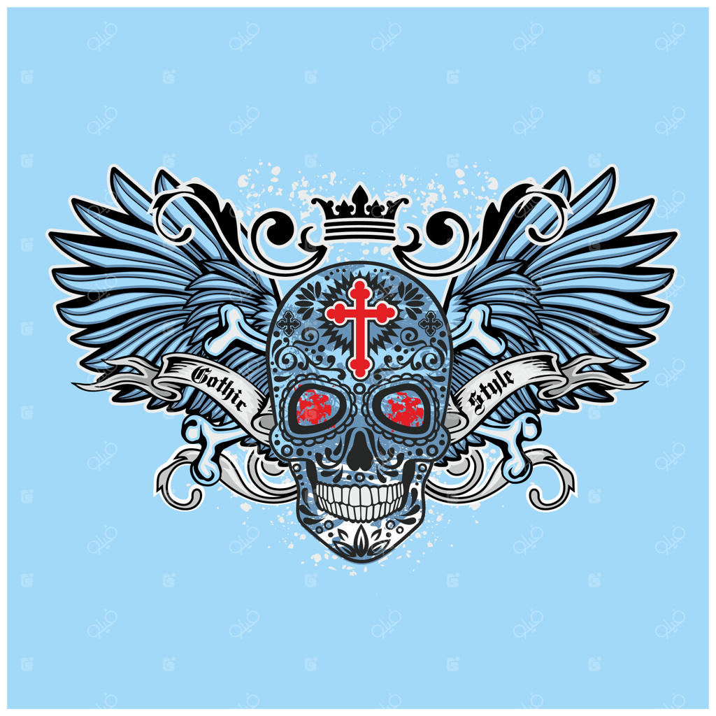 طرح نشان گوتیک با جمجمه و بال، استایل گرانج و وینتج برای تیشرت