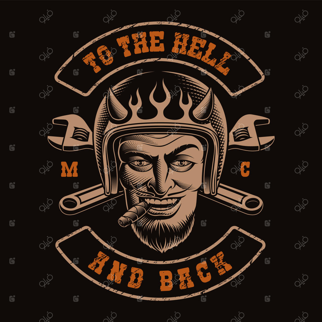 طرح سیاه و سفید از یک موتور سوار شیطانی بر روی زمینه سیاه. پیراهن برای تم موتورسواری.