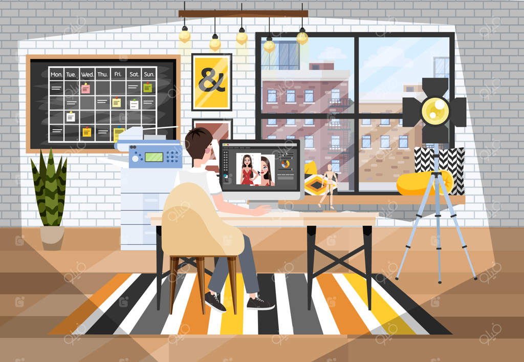 ویرایش عکس توسط شخص روی کامپیوتر در استودیوی عکاسی