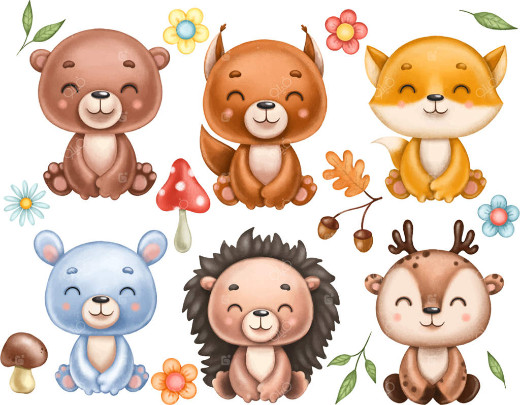 مجموعه‌ای از حیوانات بامزه جنگلی: خرس، روباه، سنجاب، خرگوش، خرگوش کوهی، گوزن، جوجه‌تیغی همراه با برگ‌ها، قارچ‌ها و گل‌ها