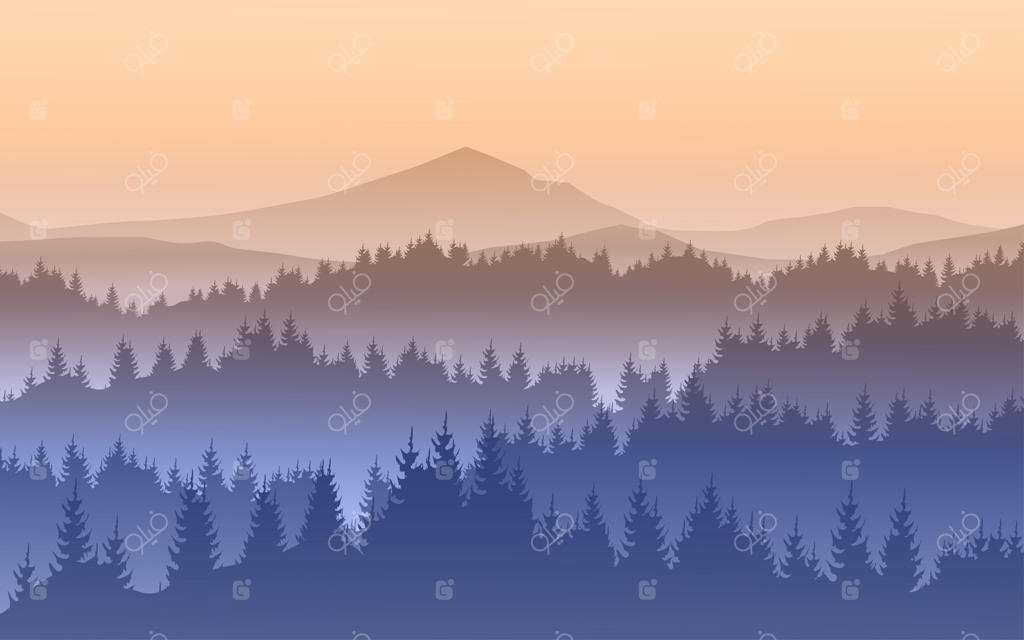 تصویرسازی وکتور از سیلوئت جنگل مه‌آلود کوهستانی