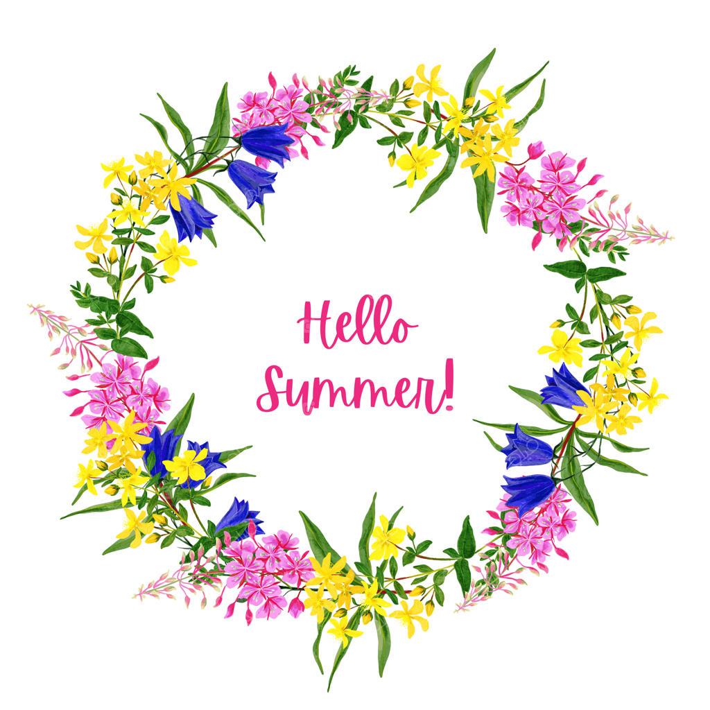 حلقه‌ای از گل‌های وحشی با کامپانولا، آتش‌علف و گل آلاله