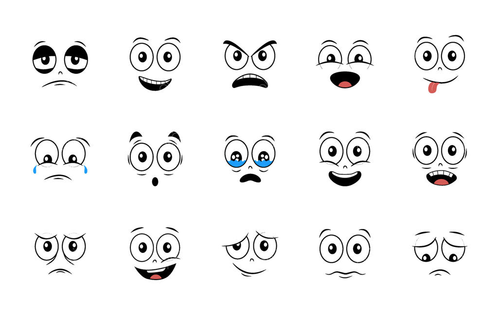 مجموعه‌ای از حالات چهره‌های کارتونی مختلف