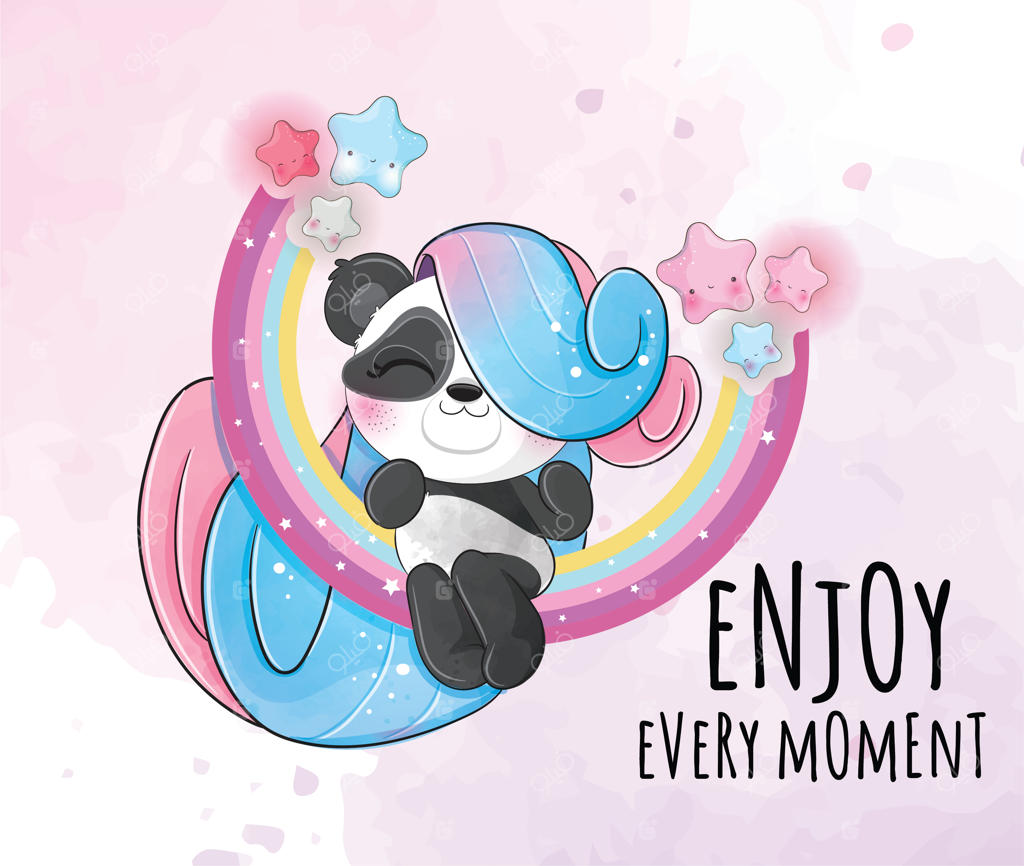 پاندای کارتونی بامزه با شاخ تک‌شاخ و رنگین‌کمان - شخصیت آبرنگی پاندا بامزه و فانتزی