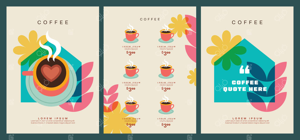 مجموعه‌ای از قالب‌های ساده، رنگارنگ و مفرح با الهام از دانه‌های قهوه و فنجان‌های قهوه، ایده‌آل برای دعوتنامه‌ها، کارت‌ها، بنرها، بروشورها، پوسترها، جلدها، منوی کافه و دیگر پروژه‌های طراحی
