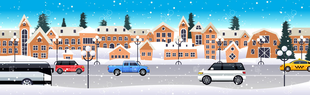 ماشین‌ها در جاده زمستانی در خیابان شهر - جشن کریسمس و سال نو مبارک - منظره شهر برفی و بارش برف - تصویرسازی افقی