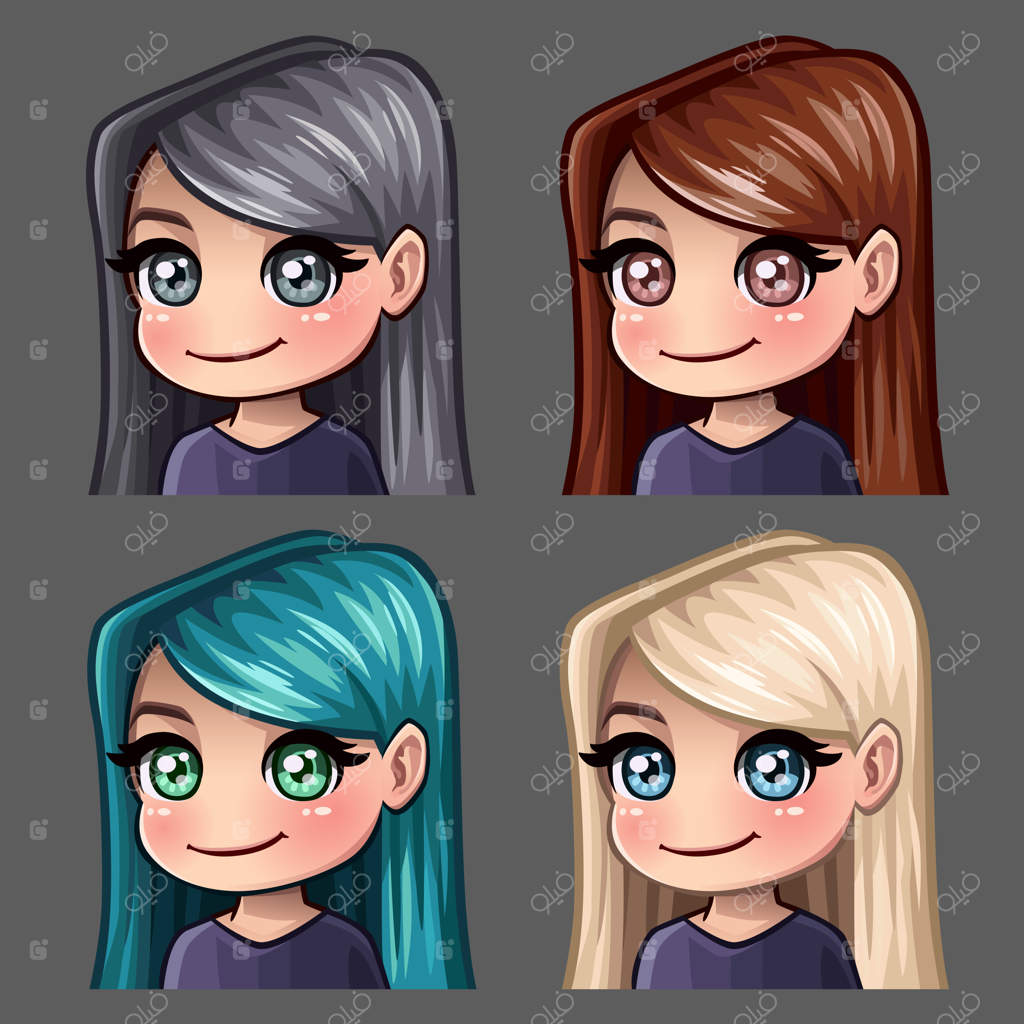 آیکون‌های احساسی؛ چهره خندان زن با موهای بلند برای شبکه‌های اجتماعی و استیکرها