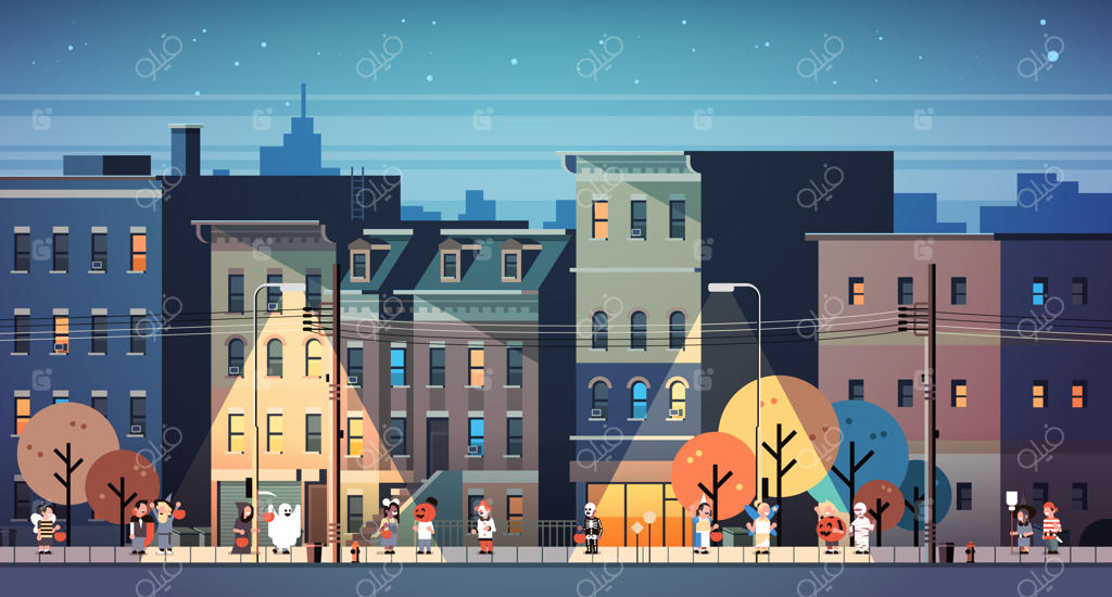 بنر کودکان در حال قدم زدن با لباس‌های هیولا در شهر در شب