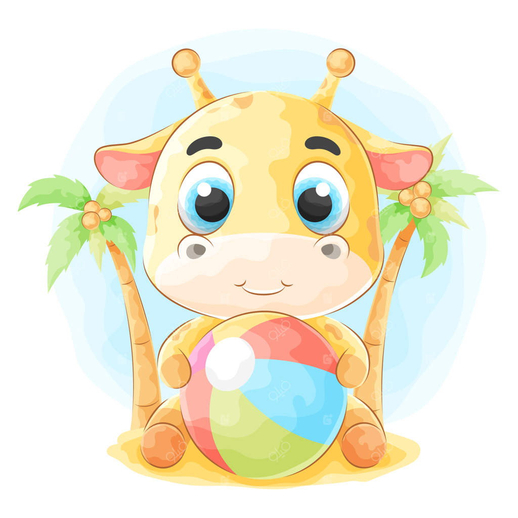 زرافه بامزه در حال بازی با توپ در ساحل همراه با نقاشی آبرنگی