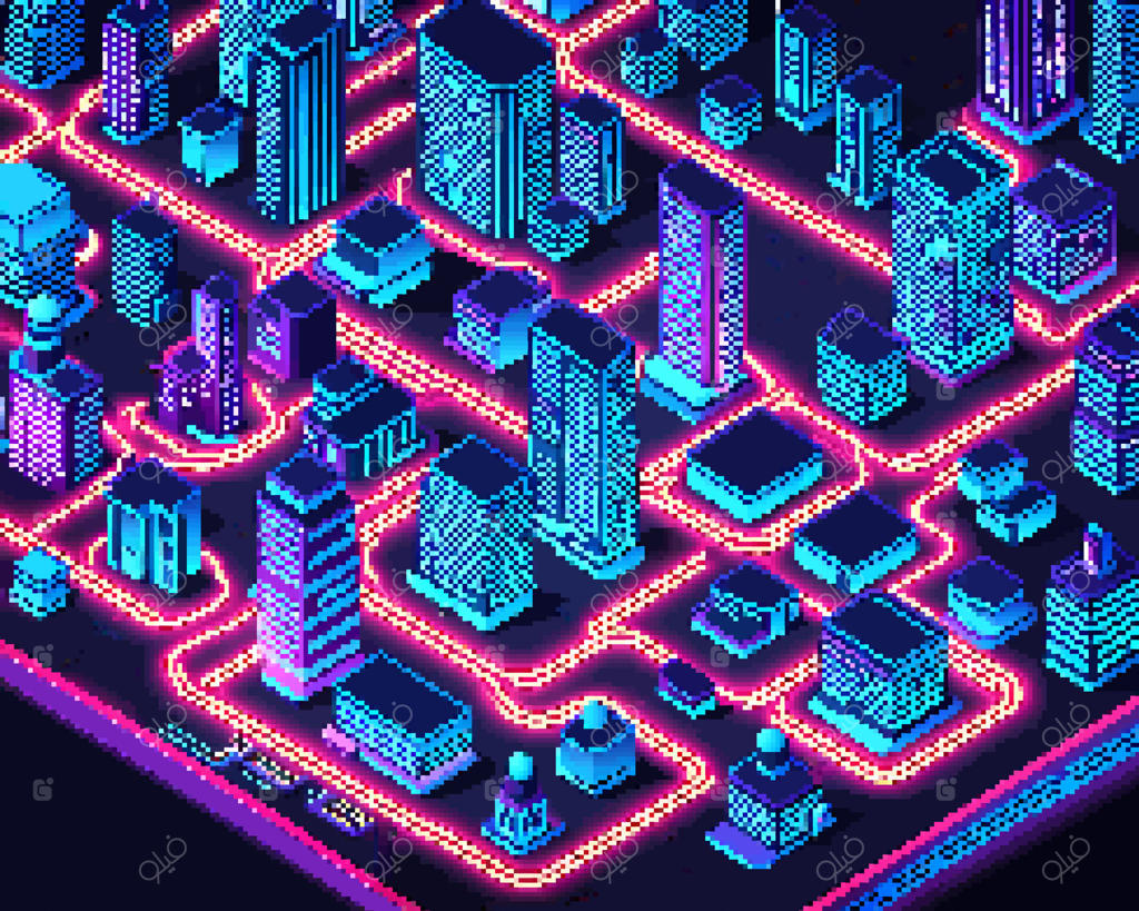 نمای ایزومتریک از بالای کلان‌شهر و زیرساخت‌های شهری، خیابان‌های مدرن، سازه‌های واقعی، معماری و المان‌های سه بعدی ساختمان‌های مختلف