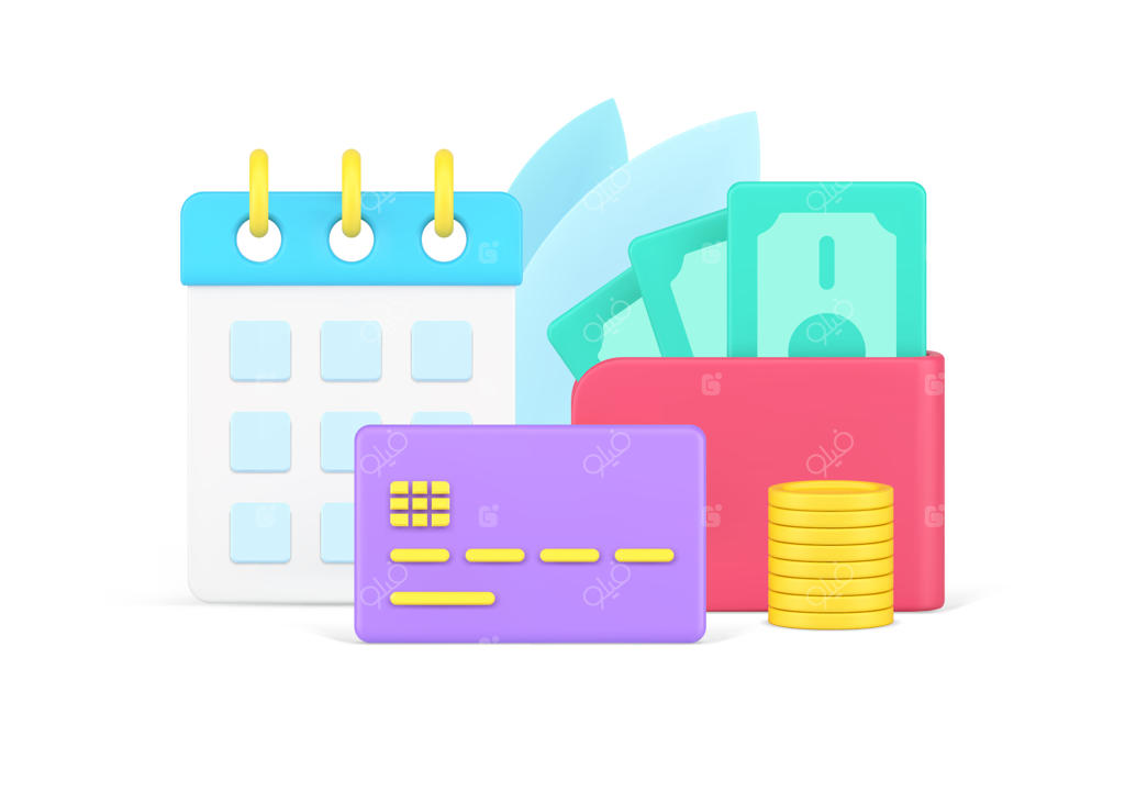 روز پرداخت ماهانه با کارت دبیت برنامه‌ریزی‌شده و کیف پول نقد - تصویر سه‌بعدی وکتور