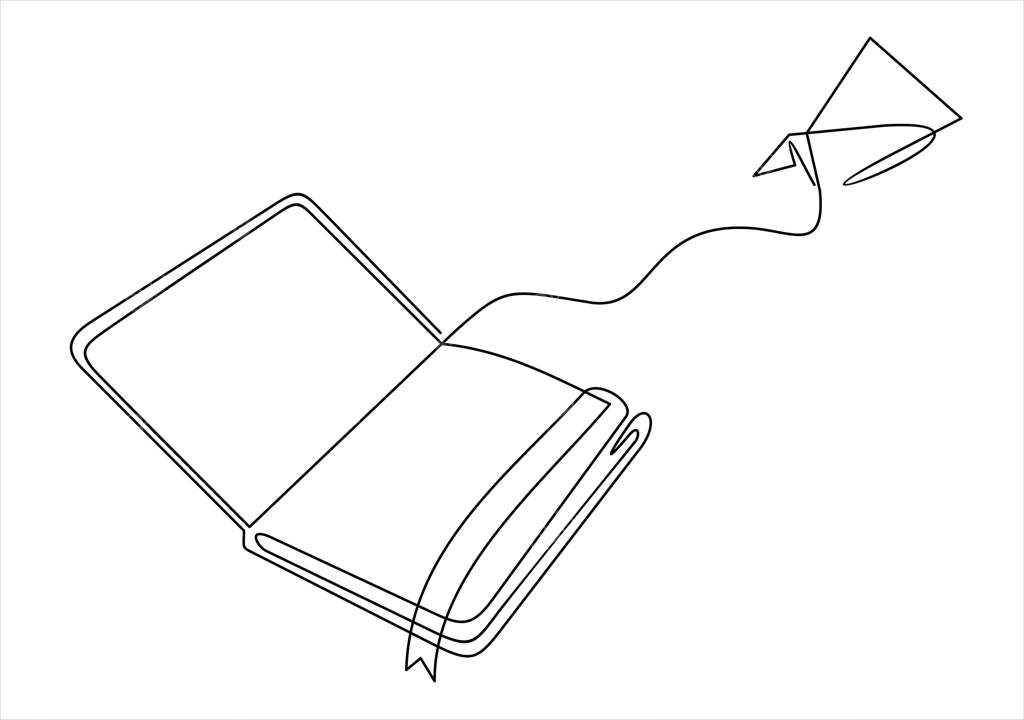 طراحی خطی پیوسته از کتاب باز با هواپیمای کاغذی در حال پرواز