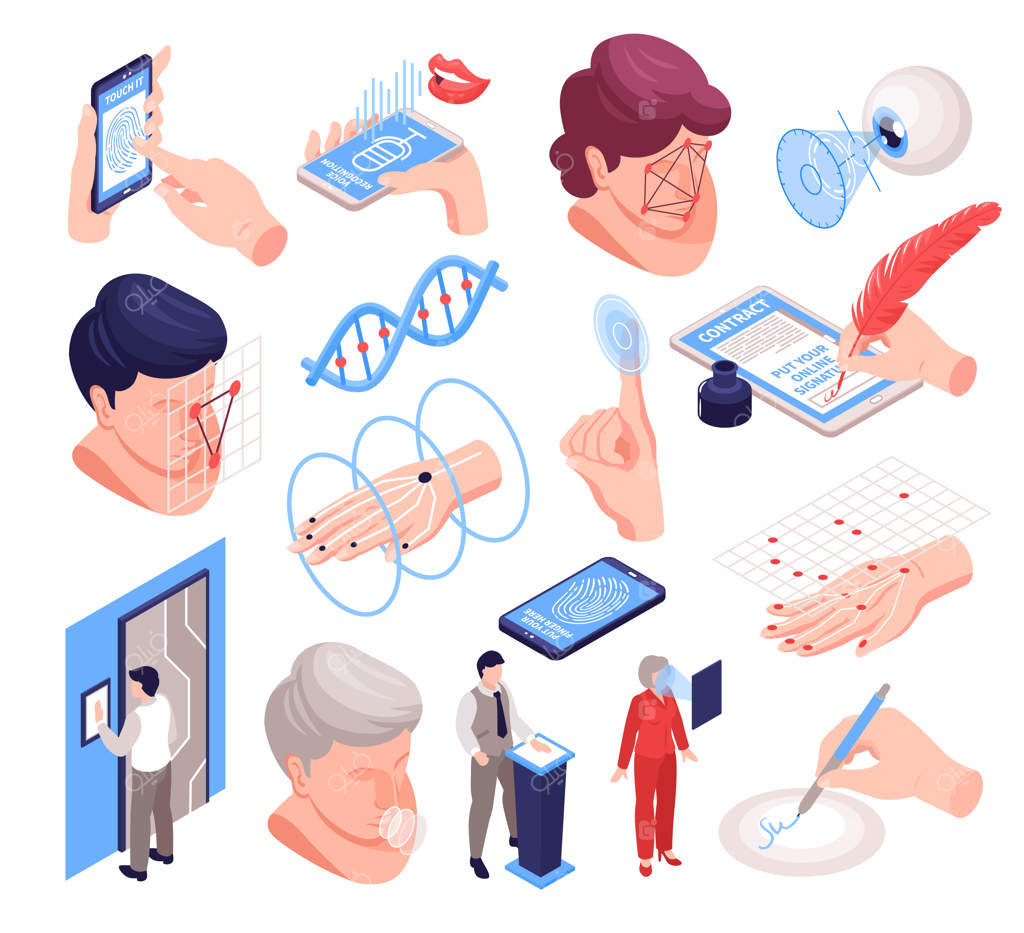 شناسه بیومتریک ایزومتریک با تصاویر جداگانه از قسمت‌های بدن انسان و نمادهای فناوری الکترونیک - تصویرسازی وکتور