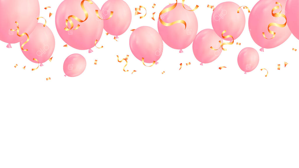 بنر افقی بدون مرز با بادکنک‌ها، روبان‌ها و کاغذ رنگی صورتی