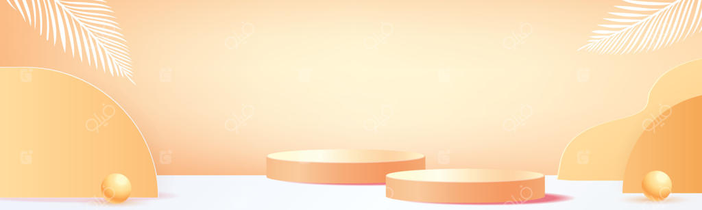 پودیوم بر روی پس‌زمینه‌ی طبیعی استوایی با رنگ‌های پاستلی و گیاهان برای نمایش محصولات و آرامش در سلامت سبز