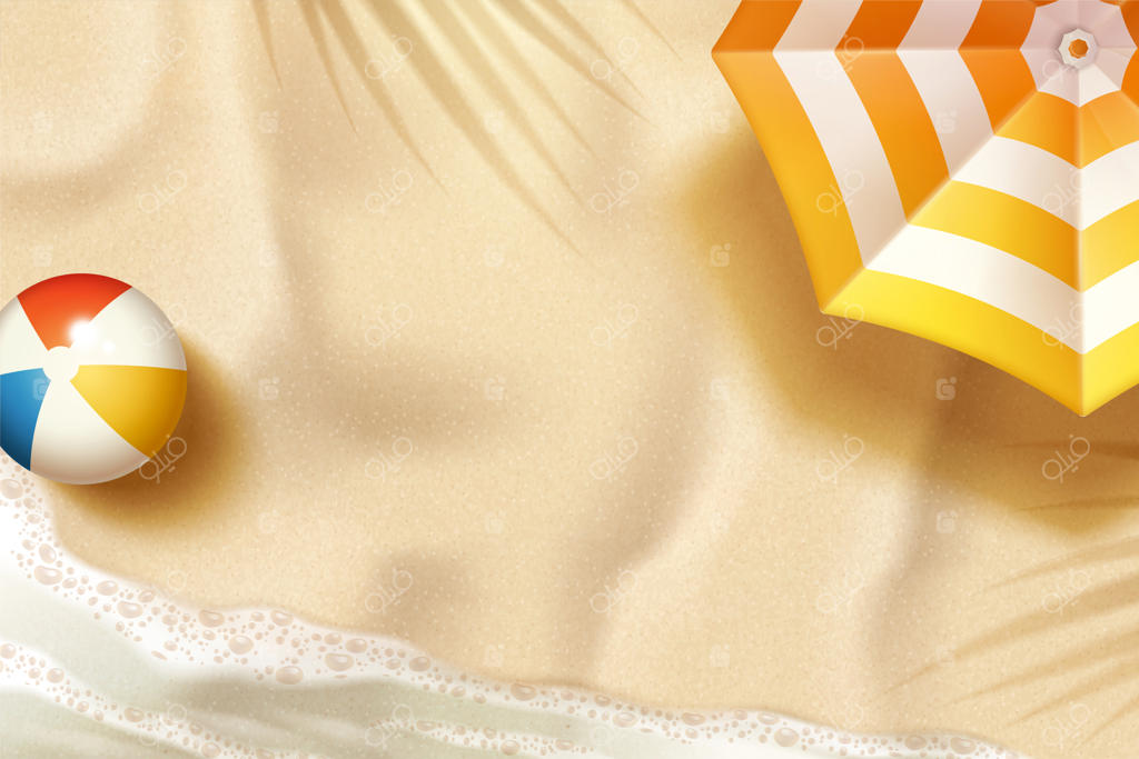 پس‌زمینه زیبای ساحل تابستانی با چتر و توپ ساحلی در طراحی سه‌بعدی