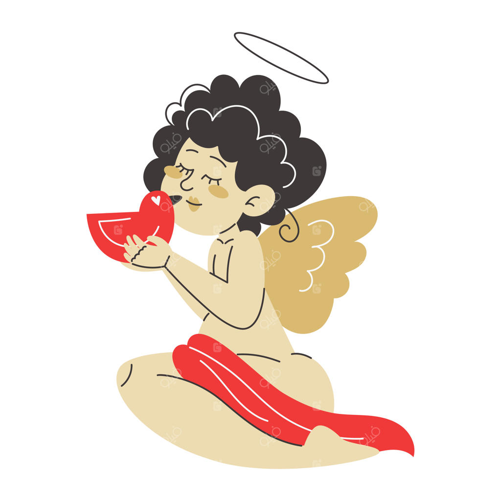 کیوپید نشسته و با مهربانی مرغ عشقی را در آغوش گرفته است