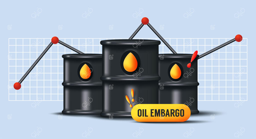 تحریم نفت: مفهومی خلاقانه درباره اقتصاد جهانی، صنایع نفت، اخبار تجاری، نمودارهای قیمت و سرمایه‌گذاری مالی، بورس سهم‌ها، قیمت هر بشکه و طراحی سه‌بعدی واقع‌گرایانه