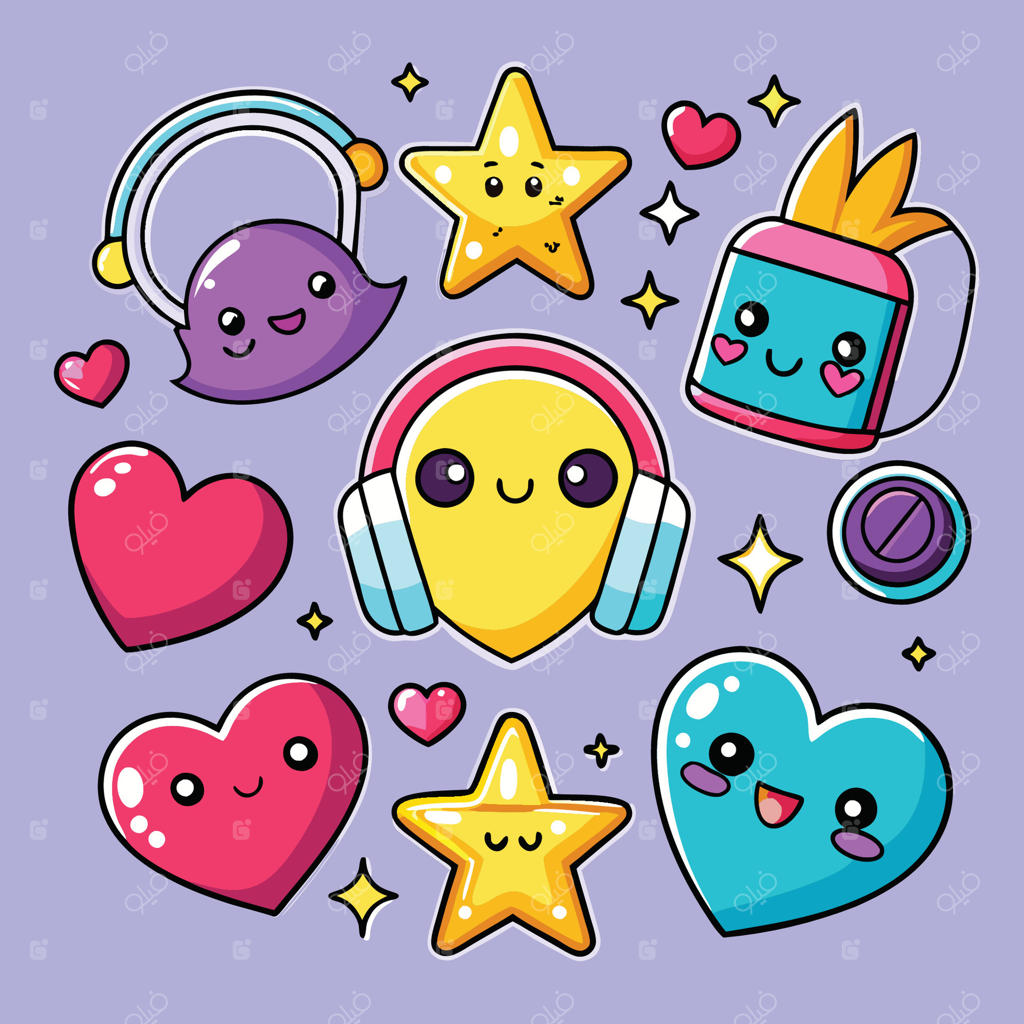 مجموعه برچسب کارتونی جذاب از قلب‌ها، ستاره‌ها و اشیاء