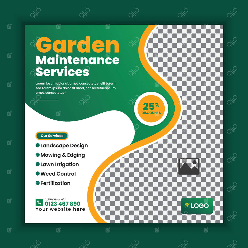 طراحی پست شبکه‌های اجتماعی برای خدمات چمن‌زنی، باغبانی و محوطه‌سازی. قالب بروشور مربع چمن‌زن، قالب پست شبکه‌های اجتماعی برای خدمات کشاورزی و زراعت