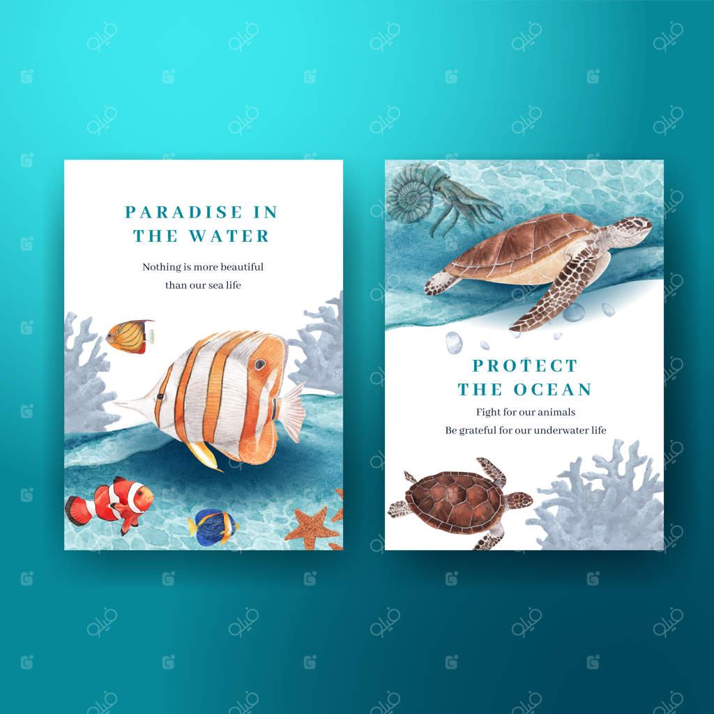 کارت تشکر با طرح مفهومی زندگی دریایی و تصویرسازی آبرنگی