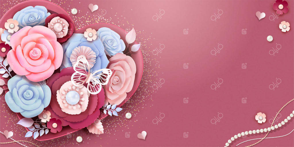جعبه هدیه قلبی پر از گل‌های کاغذی و پروانه با طراحی سه بعدی
