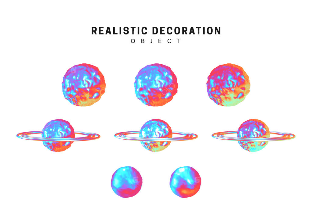 سیارات آبی هولوگرافیک گرادیان: زمین و ماه، زحل و نپتون، ونوس بر روی پس‌زمینه سفید.